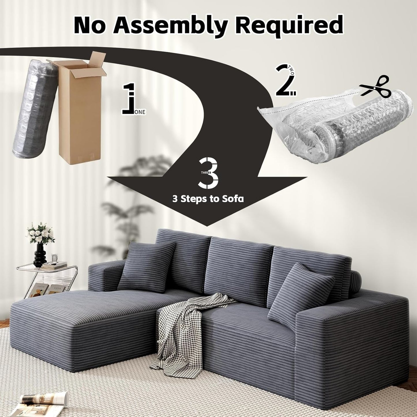 107" Boneless Couch, Sectional Couchs for Living Room & Bedroom, Cloud Couch with L-Shape Chaise Modern Modular Sofa with Deep Seat, No Assembly Required (Soft Gray)