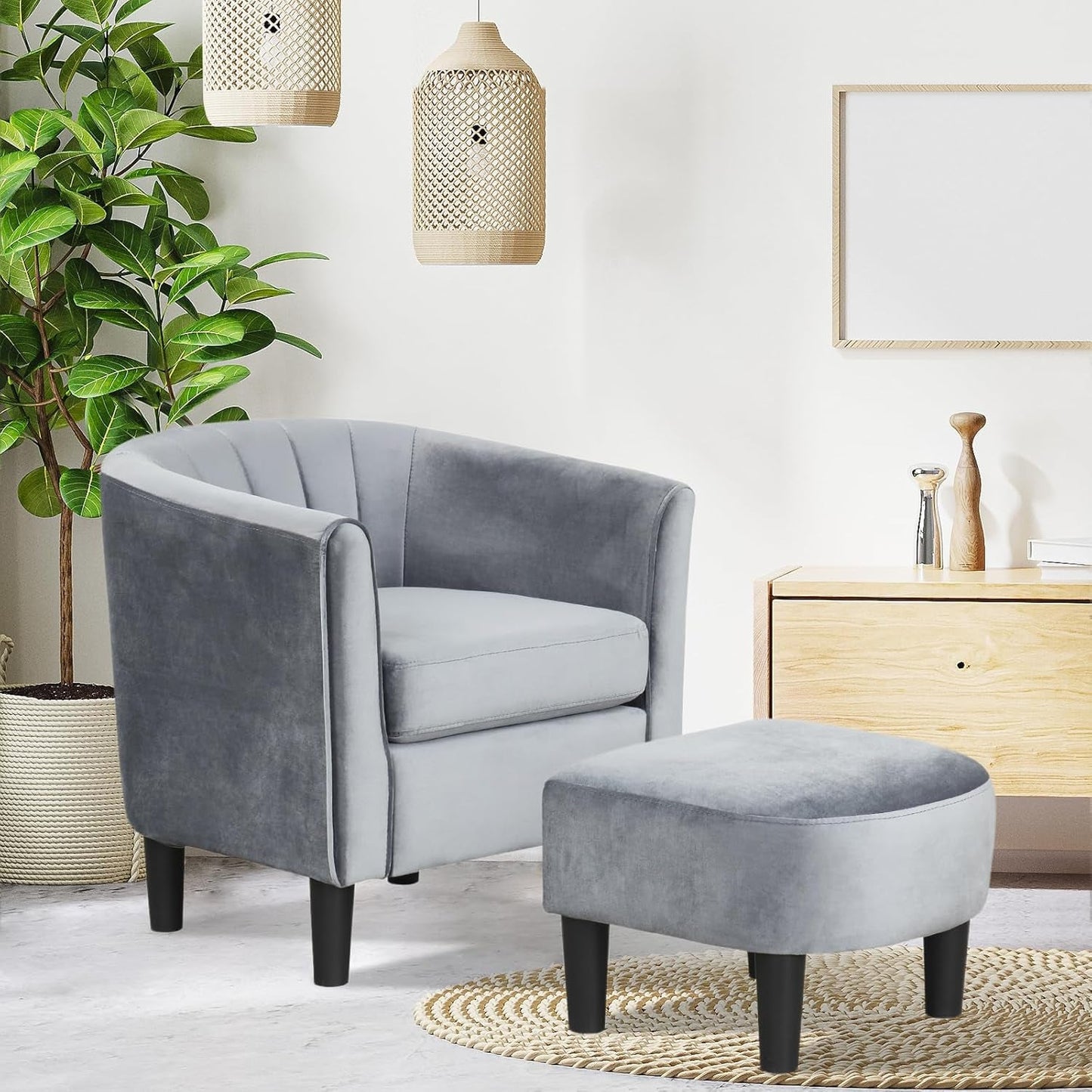 Accent Chair with Ottoman, Upholstered Velvet Club Barrel Reading Chair with Footrest Modern Comfy round Barrel Chairs for Bedroom, Living Room, Small Reading Spaces (1, Grey)