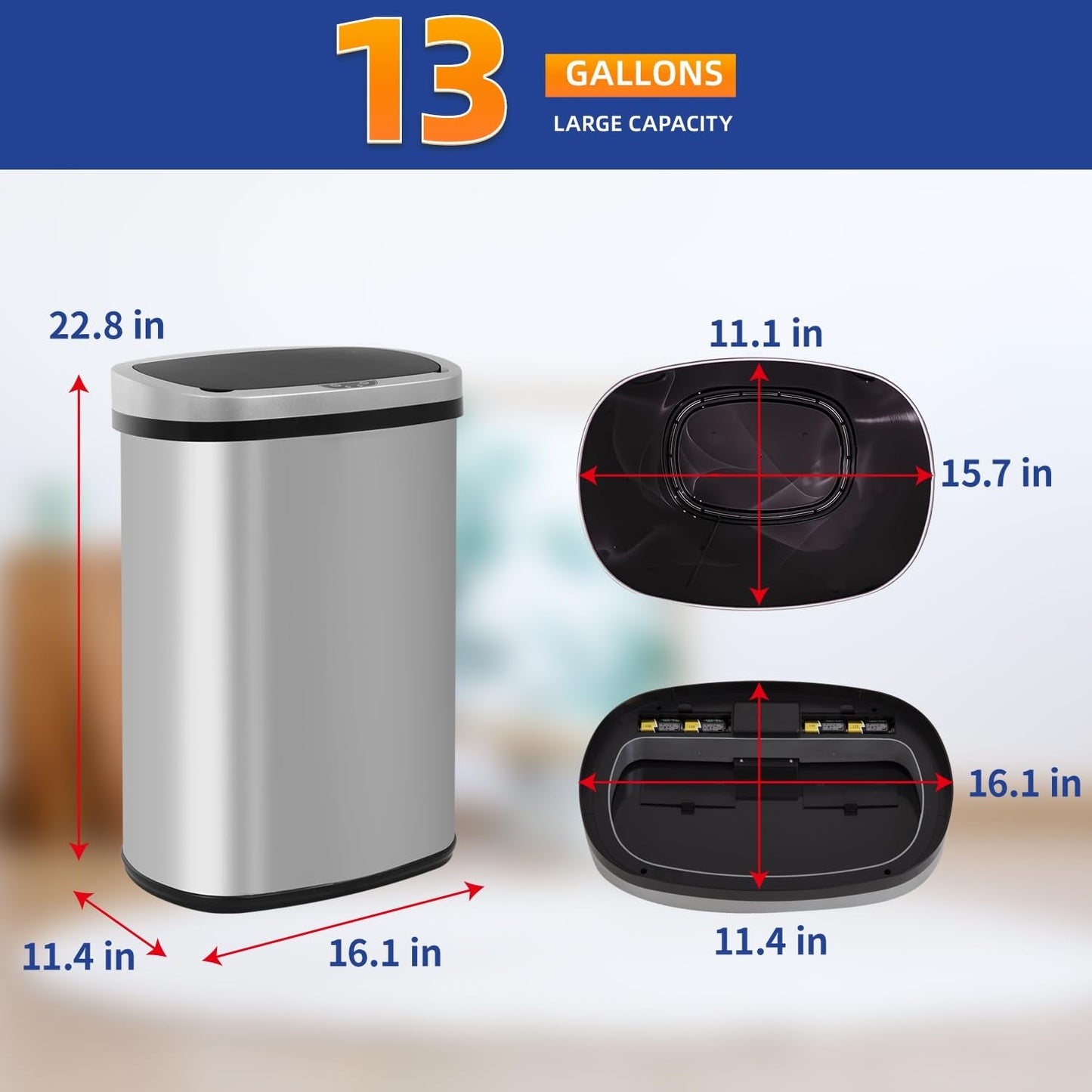 | 13 Gallon Trash Can with Lid | Automatic Touchless Garbage Can | Odor Control | Modern Oval Design | Easy to Clean | Stainless Steel | Fits Any Kitchen, Bathroom, Office or Home