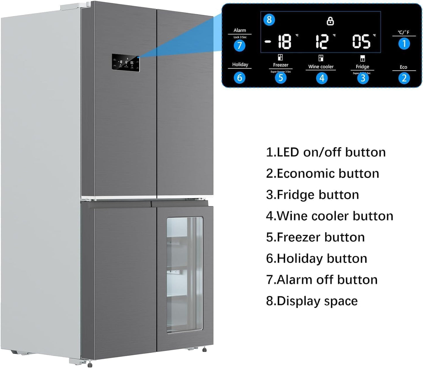36-Inch French Door Refrigerator, 21 Cu.Ft. Counter-Depth 4-Door Design with Bottom Freezer & Wine Storage, Stainless Steel Kitchen Refrigerator with Adjustable Shelves