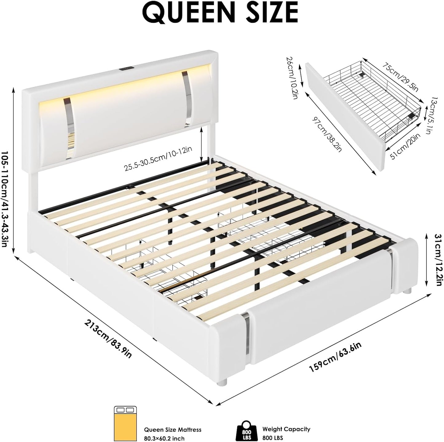 Queen Bed Frame with RGB LED Lights Headboard & 2 Storage Drawers, Modern Upholstered Faux Leather Smart Platform Iron Metal Decor, USB USB-C Charging Ports, No Box Spring Needed, White