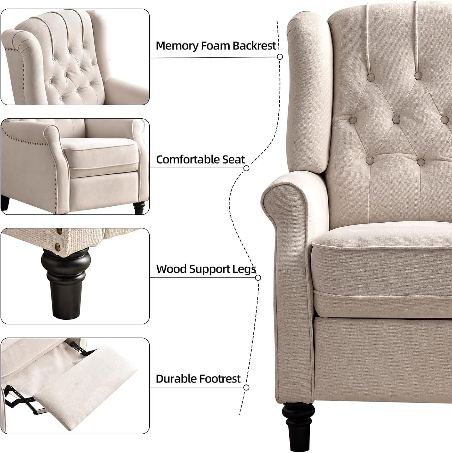 Pushback Recliner Chair, Fabric Armchair Push Back Recliner with Rivet Decoration, Mid Century Wingback Accent Chair for Living Room, Bedroom, Beige