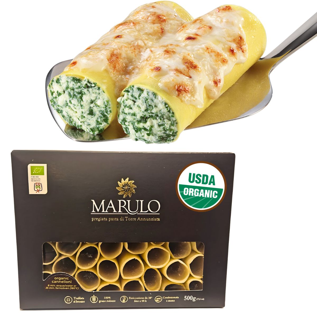 Marulo, Organic Cannelloni Pasta, Artisan Italian Pasta, Bronze Die Cut, 10 Pack x 1.1 lb