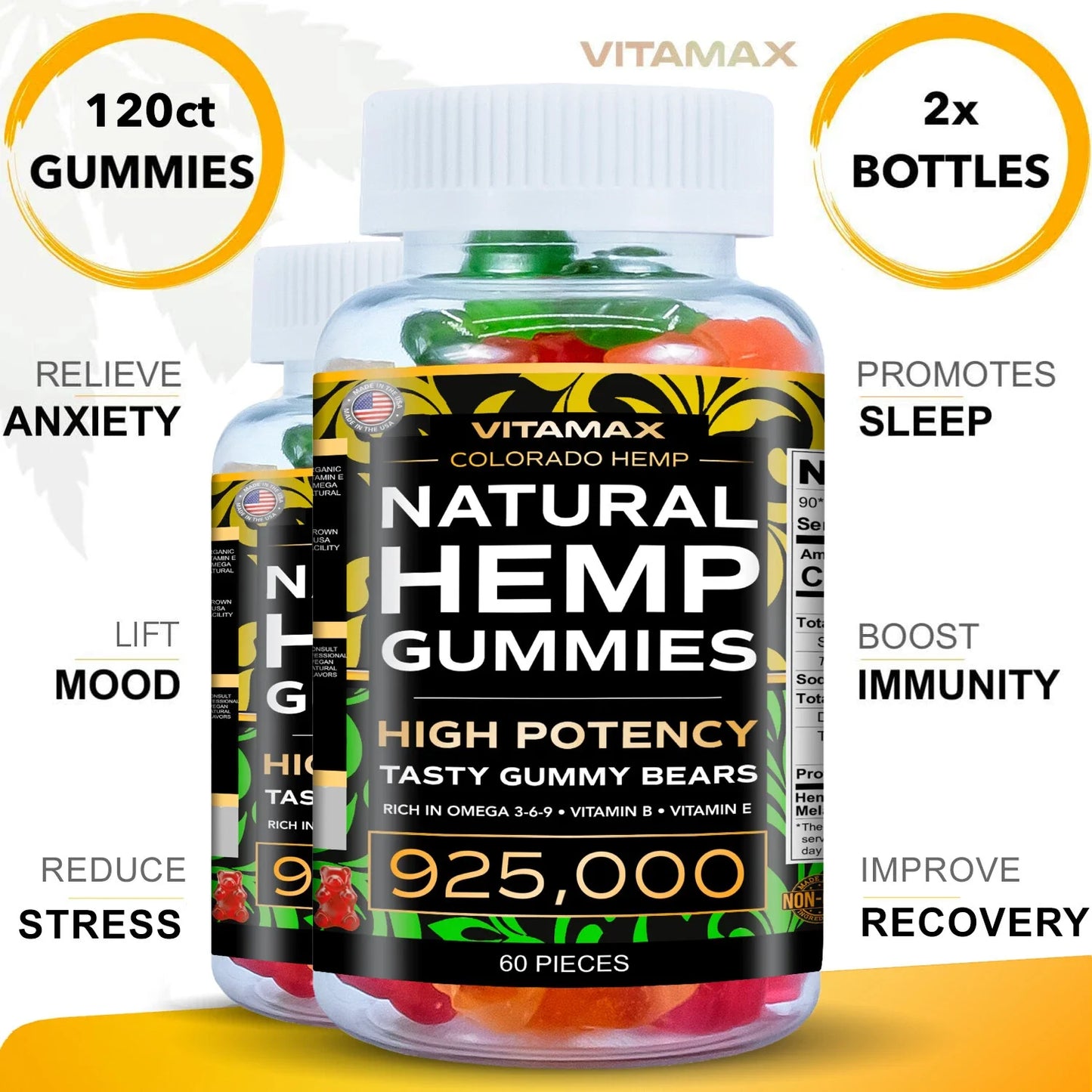 Natural Gummies for Stress Relief - For Pain, Insomnia & Anxiety 120ct (2 Pack)